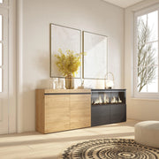 Credenza, Mobile, 208x35x75cm, 4 Porte, Camino elettrico XXL, colore Rovere e nero RF3221