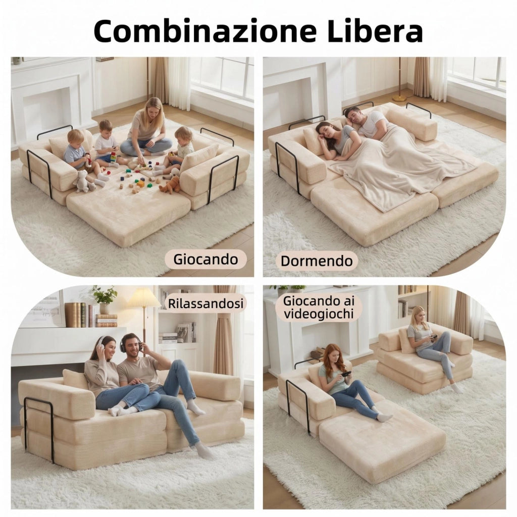 Divano compatto, divano letto pieghevole, moduli senza struttura, tessuto chenille, beige