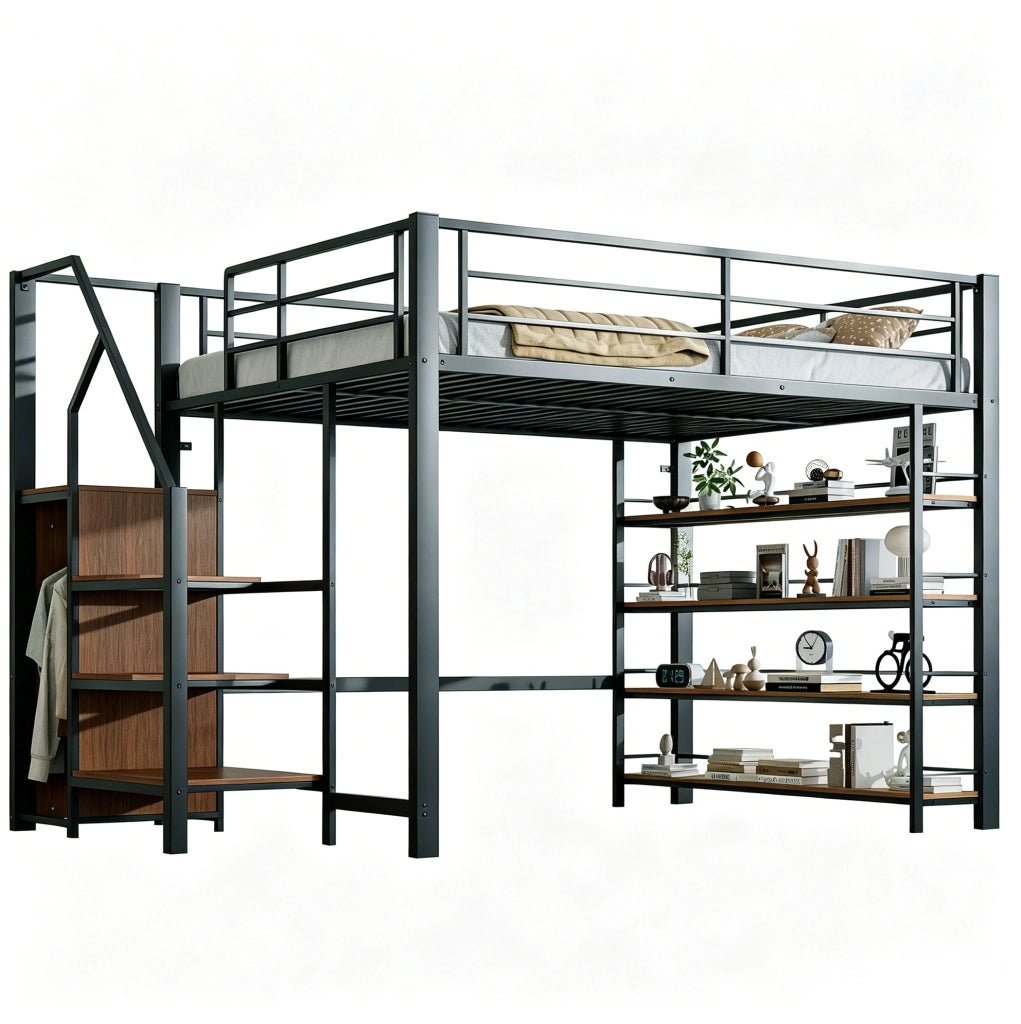 Letto a soppalco 140x200 cm con scala contenitore in MDF e metallo nero