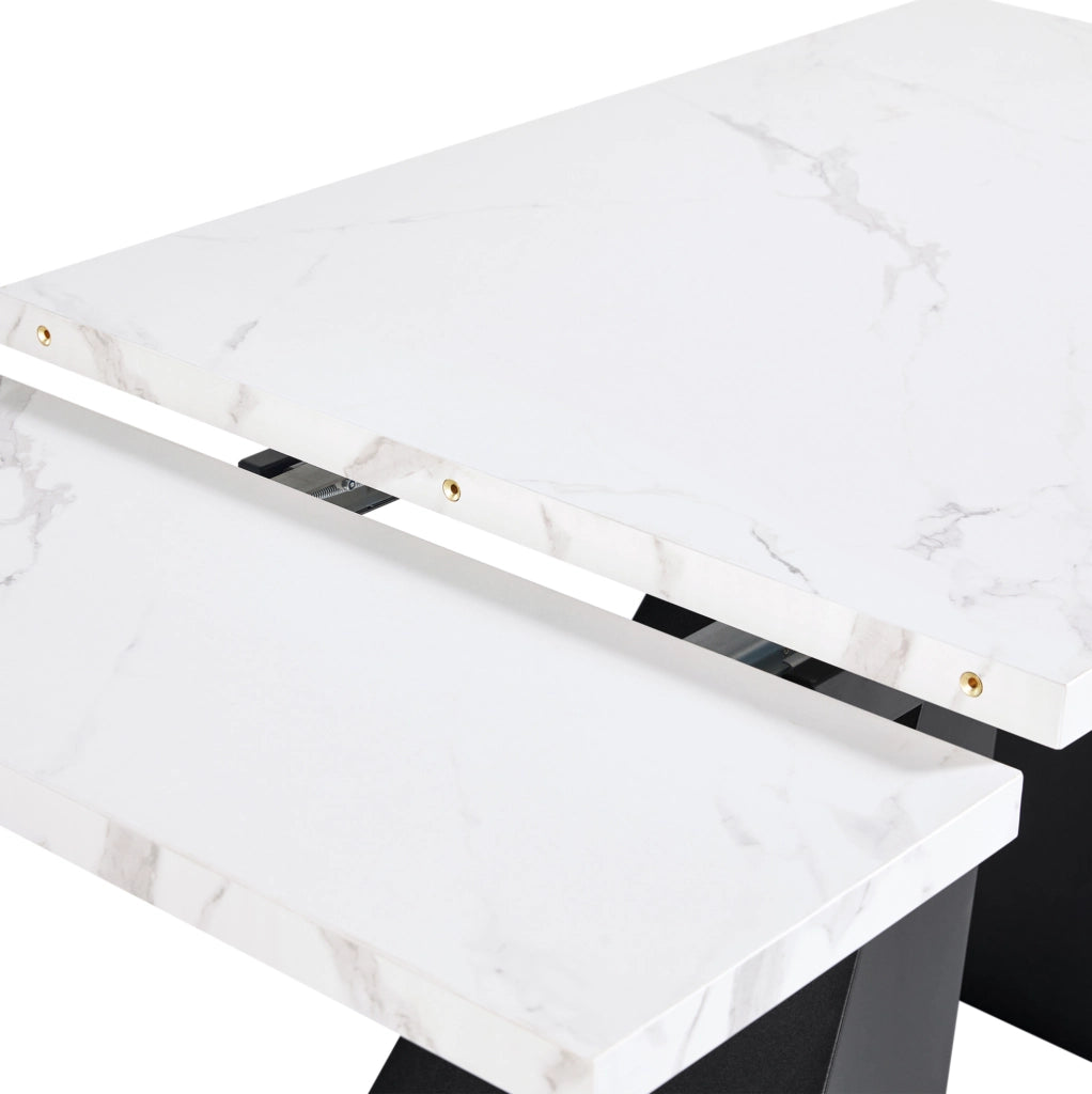 Tavolo da pranzo allungabile 99-159x74x77 cm con piano in MDF effetto marmo; bianco e nero