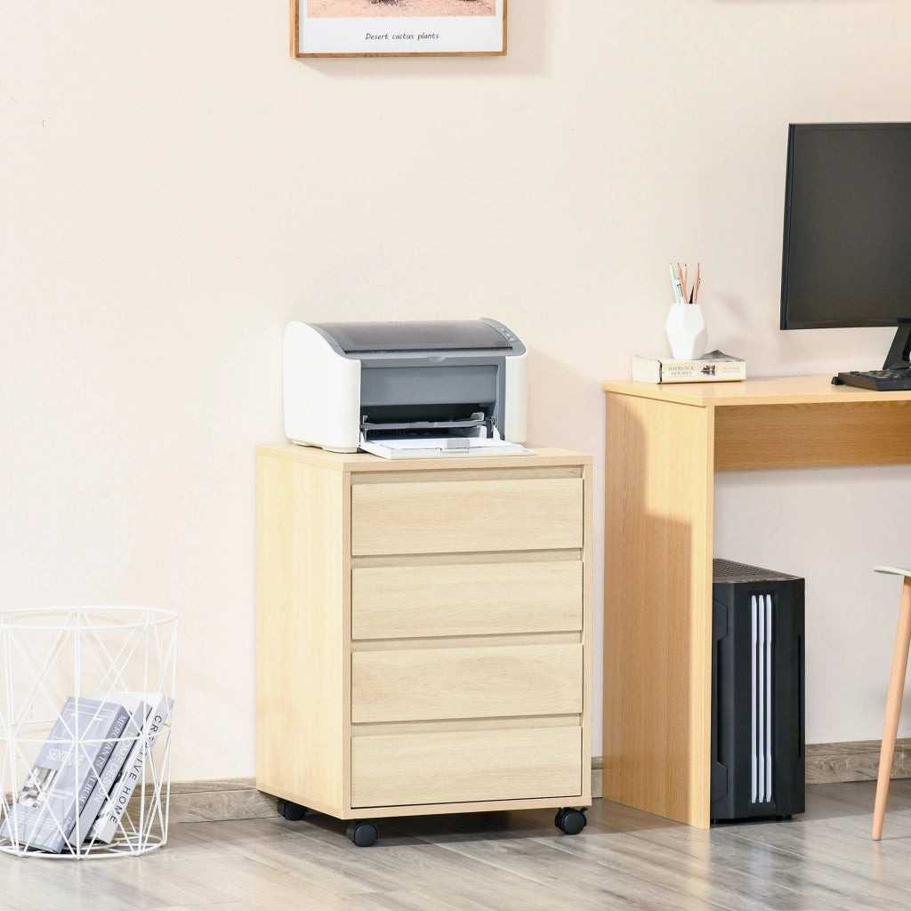 Cassettiera per Ufficio con 4 Cassetti e Ruote ¨C Zephmum ¨C Legno Naturale 46x40x65 cm