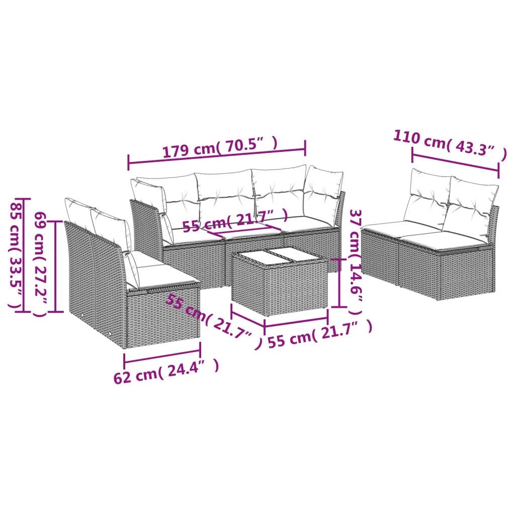 Set Divano da Giardino 8pz con Cuscini Grigio Chiaro Polyrattan