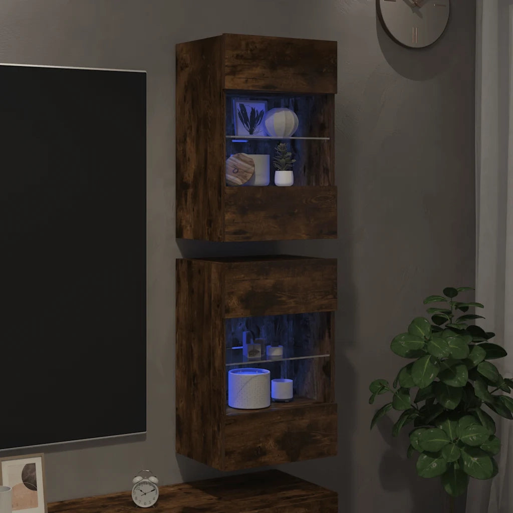 Mobili TV a Parete con Luci LED 2pz Rovere Fumo 40x30x60,5 cmcod mxl 134115