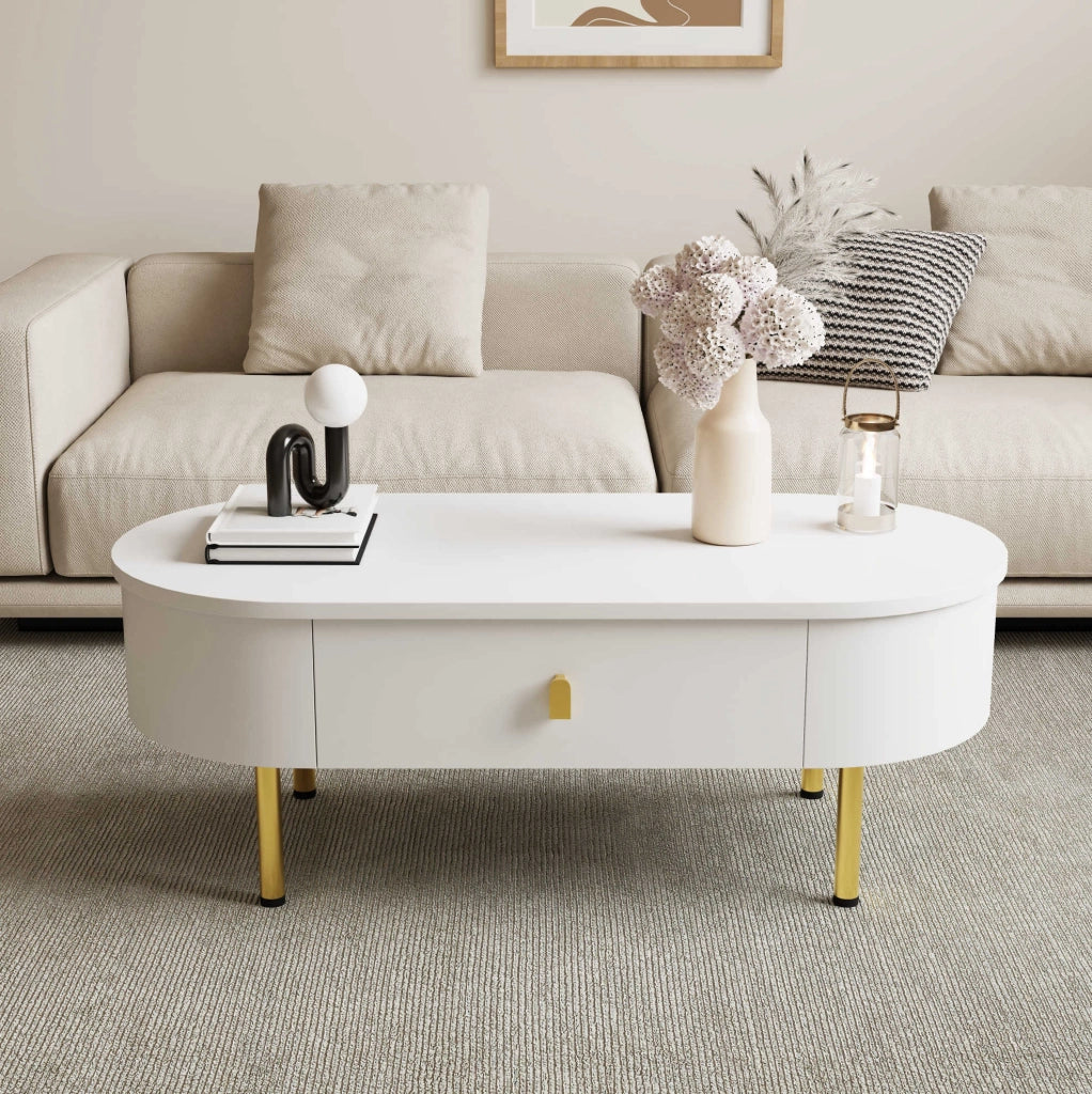 Tavolino da salotto 108x50x40 cm con 2 cassetti; MDF bianco e oro