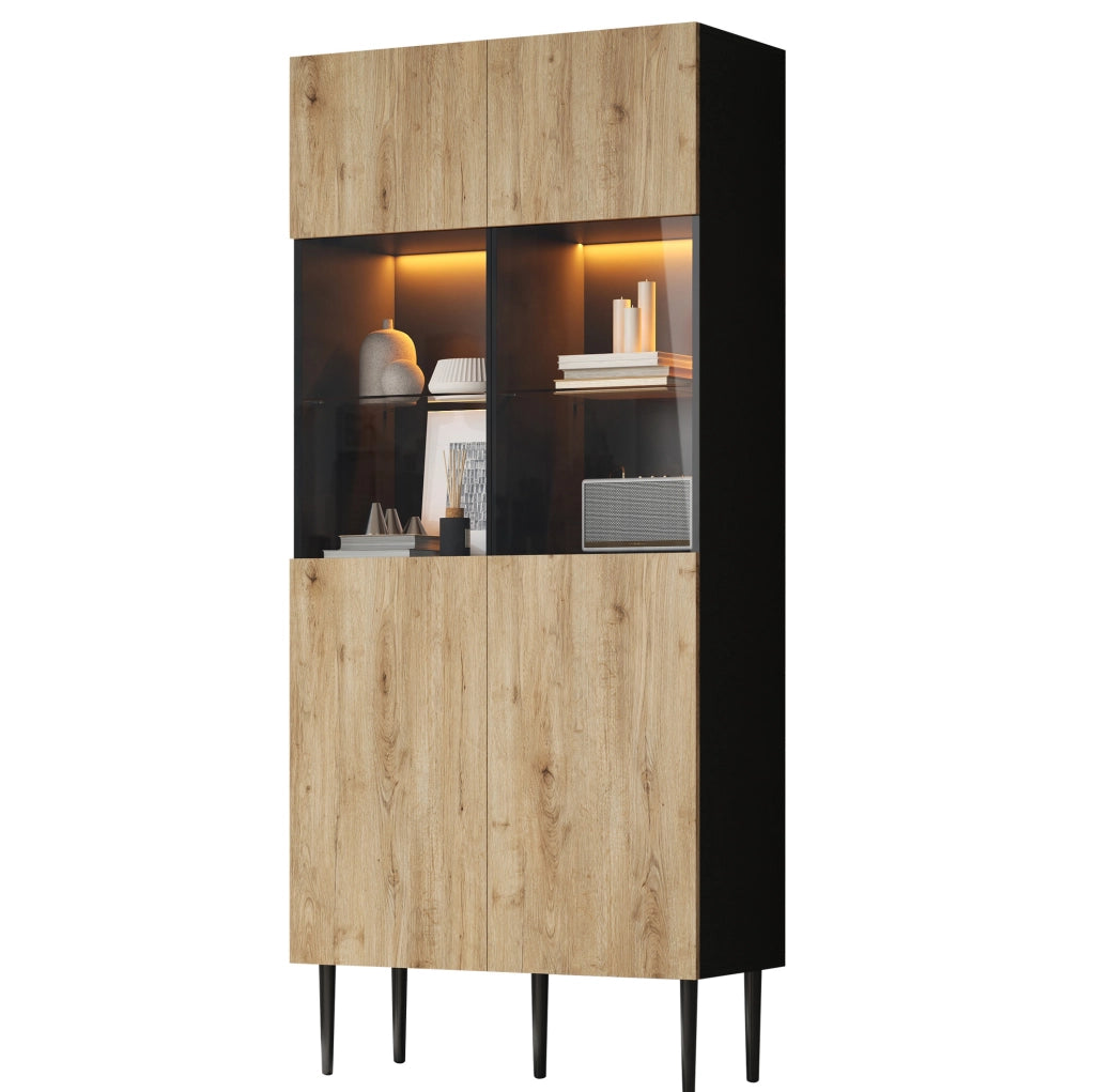 Vetrina moderna 80 x 35 x 180 cm con LED; 10 ripiani; ante in vetro temperato; nero e legno naturale