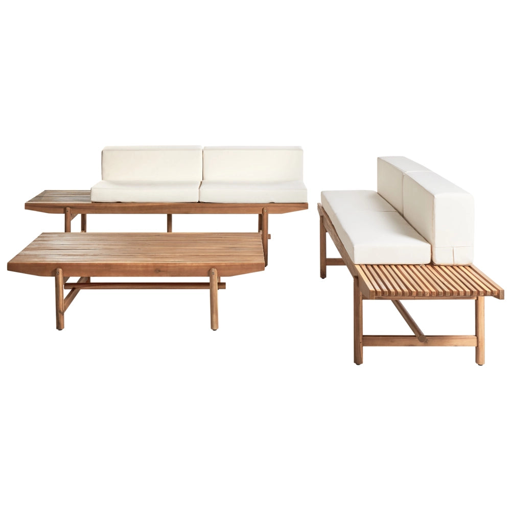 Set di divani da giardino Cuscini bianco sporco Legno di acacia Rustico per esterni 4 posti con tavolino