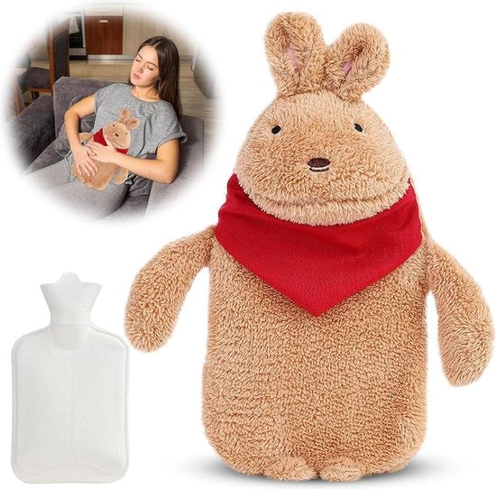 Bottiglia di acqua calda in materasso di poliestere 1 litro - Coperta di peluche per bambini e adulti - Fless di notte per bambini e adulti - Regalo di Natale in materasso di peluche marrone