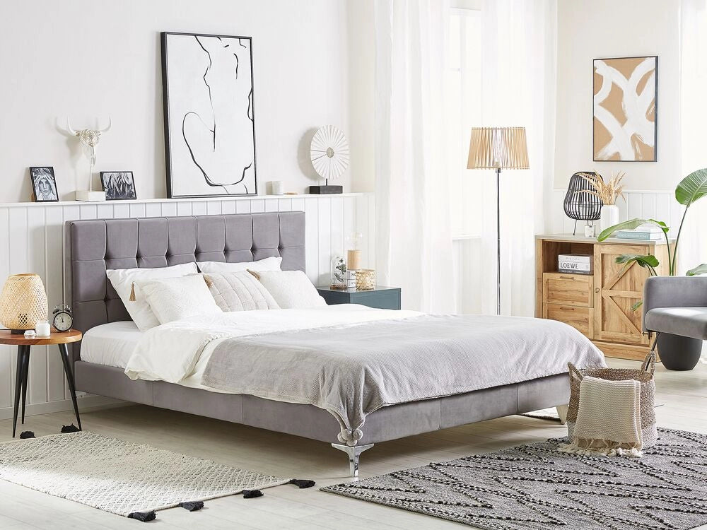 Letto in velluto grigio tappezzeria matrimoniale 140 x 200 cm con rete a doghe e testiera capitonné con bottoni