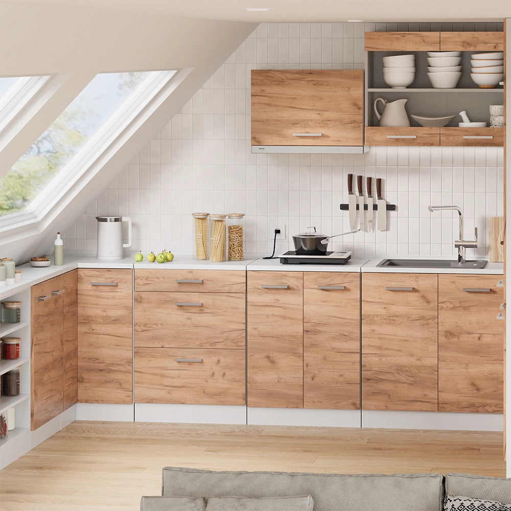 Mobile cucina sottotetto R-Line Rovere dorato/Bianco 60 cm senza inclinazione con 3 cassetti Vicco