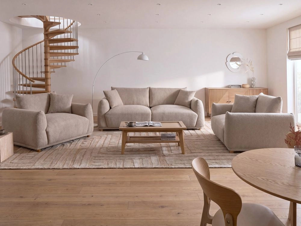 Set divano 5 posti in bouclé beige con cuscini decorativi, poltrone e gambe in legno Divano moderno per soggiorno