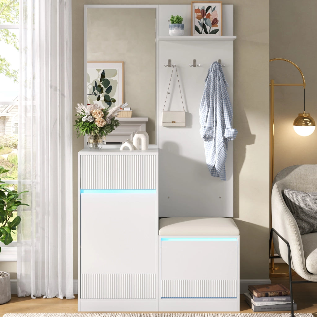 Mobile ingresso con scarpiera; specchio e illuminazione LED - per ingresso - 105×38×190 cm - bianco
