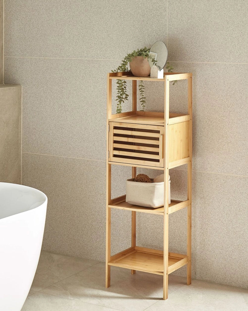 Scaffale da bagno in marrone chiaro di bambù Stoccaggio da bagno 4 ripiani 1 porta