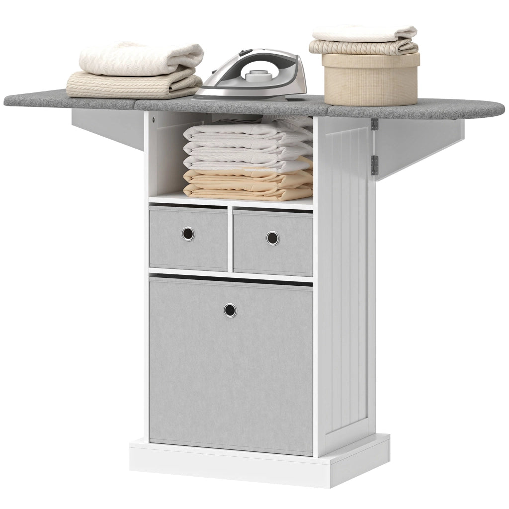 Mobile Asse da Stiro Pieghevole a Rotelle con Ripiano Aperto e 3 Cassetti. 121x37x89.5 cm. Bianco e Grigio