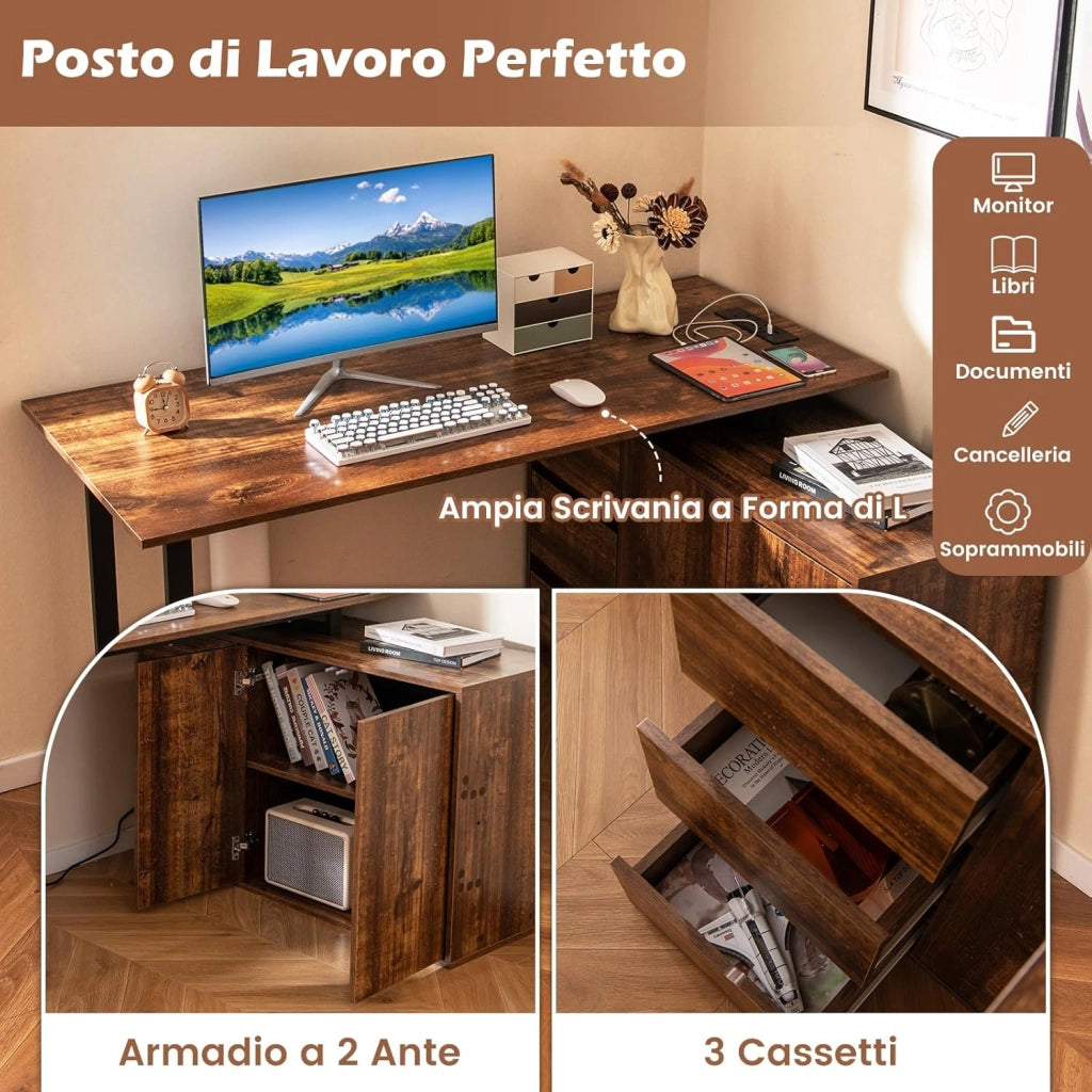 Scrivania Angolare a Forma di L con Presa di Corrente, Scrivania ad Angolo Salvaspazio e Reversibile con 3 Cassetti, Stazione da Lavoro per Ufficio a Casa (Marrone e Nero)