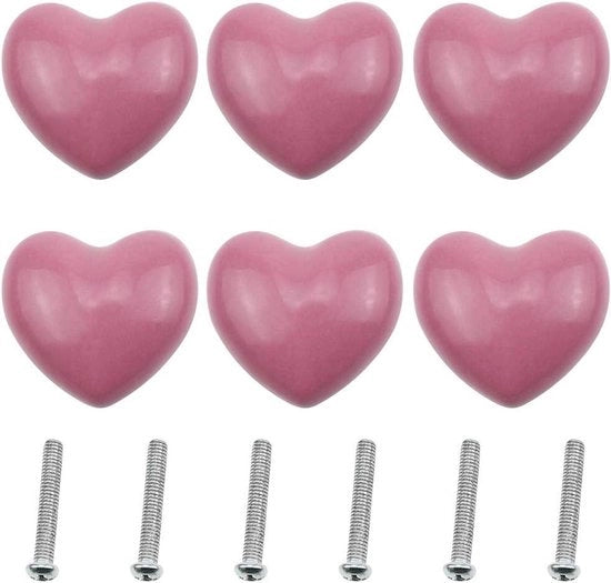 6 deurmanicotti ceramici a forma di cuore per armadi - rosa