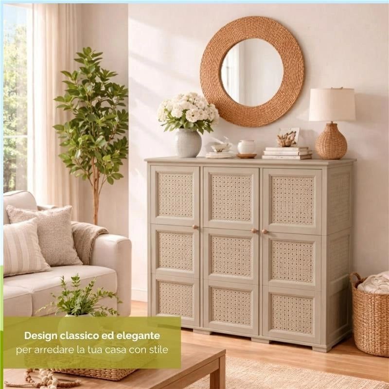 ARMADIO 3 ANTE TRAFIATO TAUPE 118X43X125 CM CON PUNTALI – MOBILE CONTENITORE ALTO SALVASPAZIO PER ZONA GIORNO E VERANDA