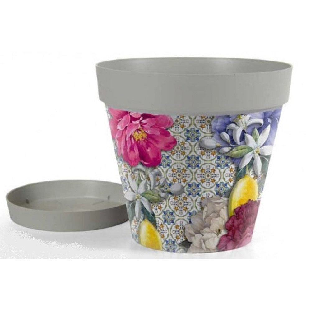 Trade Shop - Vaso Giardino Con Sottovaso In Plastica Decoro Isola 32x29cm Piante Fiori 845383 -
