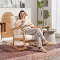 Poltrona a Dondolo 90°-130° con Cuscino Lombare rivestita in Tessuto Sherpa, 64.5x82x89 cm, Bianco e color Legno