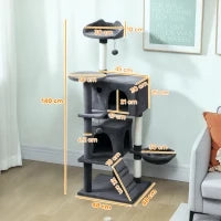 Albero per Gatti Alto 140 cm con 2 Casette, Lettino e Amaca per 2-3 Gatti, Rivestimento Peluche, Grigio
