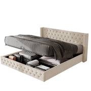 Letti contenitori 140x200 cm; contenitore idraulico; velluto; beige (Senza materasso)