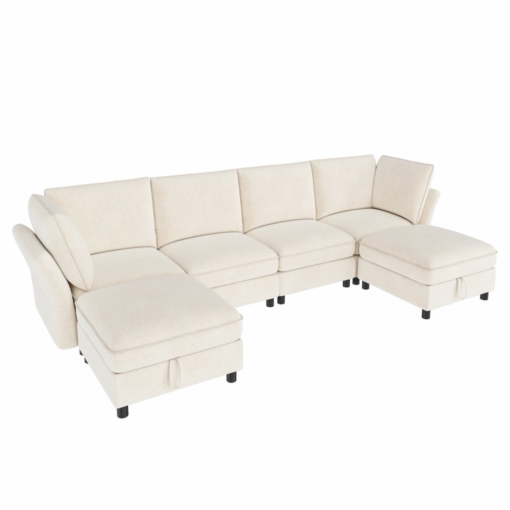 Divano Angolare Modulare 6 Posti con Contenitore e 2 Pouf, Chenille Beige, 289 × 137 × 84 cm