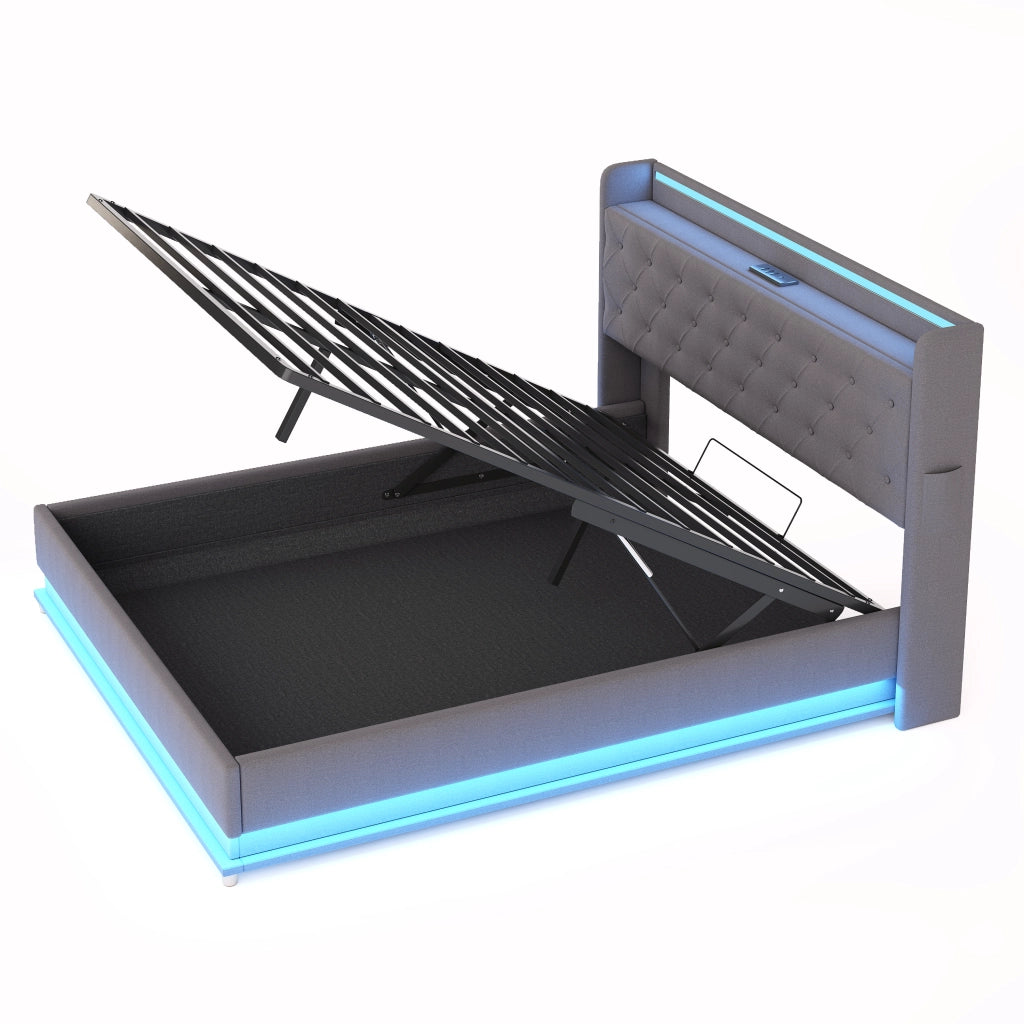 Letti contenitori 140x200 cm; luci LED multicolore e USB; tessuto grigio