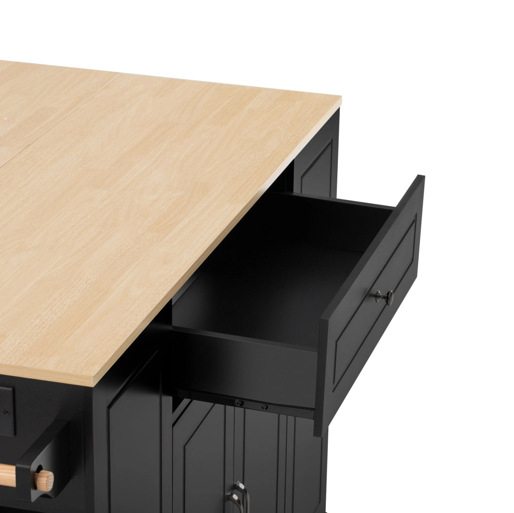 Isola cucina 131.8x40-70x93.3 cm con piano ribaltabile e prese integrate in MDF nero e naturale