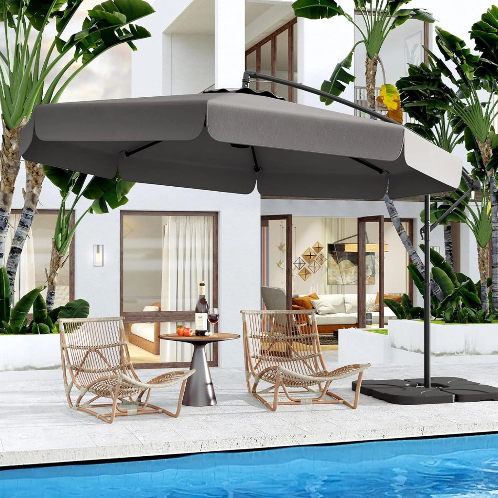 Ombrellone rotondo deportato, Φ 305 cm, Ombrellone da giardino pieghevole, angelo regolabile da 0 a 35°, base incrociata, ombrellone su piedistallo, φ290 cm, altezza 250 cm, per balcone