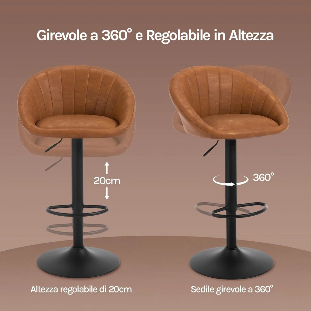 Sgabelli da Cucina Set di 2, Sgabelli da Bar Girevoli Altezza Regolabile con Schienale e Poggiapiedi, PU Vintage