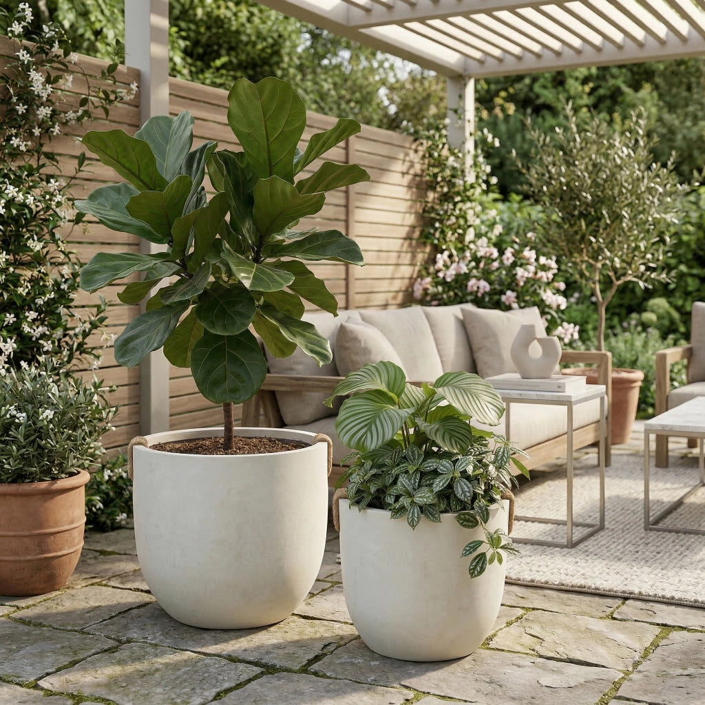 Set 2 Vasi da Giardino in Cemento Fatto a Mano ¨C MINIMAL ¨C Bianco, 37x33 cm & 46x40 cm
