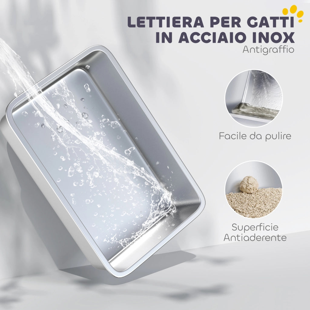 Lettiera per Gatti Grandi con Coperchio Ribaltabile Paletta e Deodorante in Acciaio Inox Grigio Chiaro