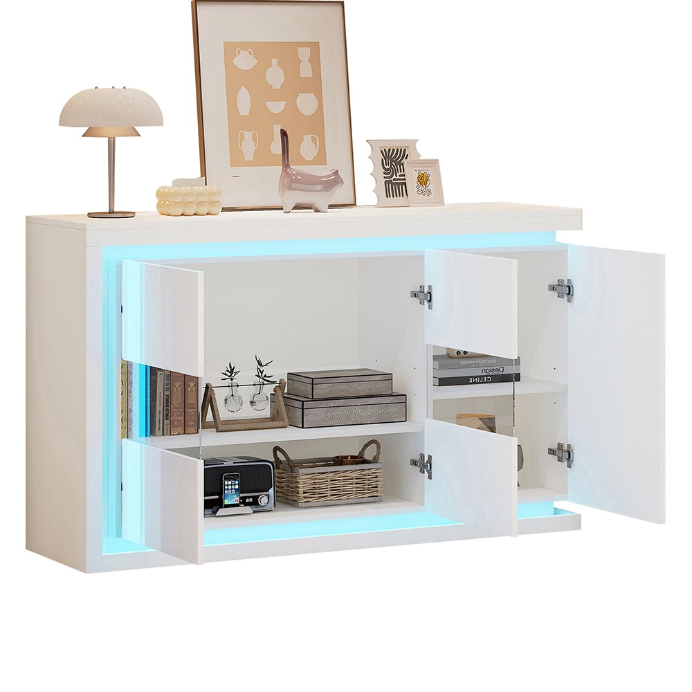 Credenza Soggiorno 140x40x84cm - Xylo - 4 Scomparti Lucidi con LED e Vetro