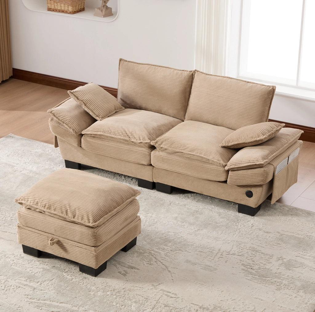 Divano 2 posti in velluto a coste con pouf, khaki