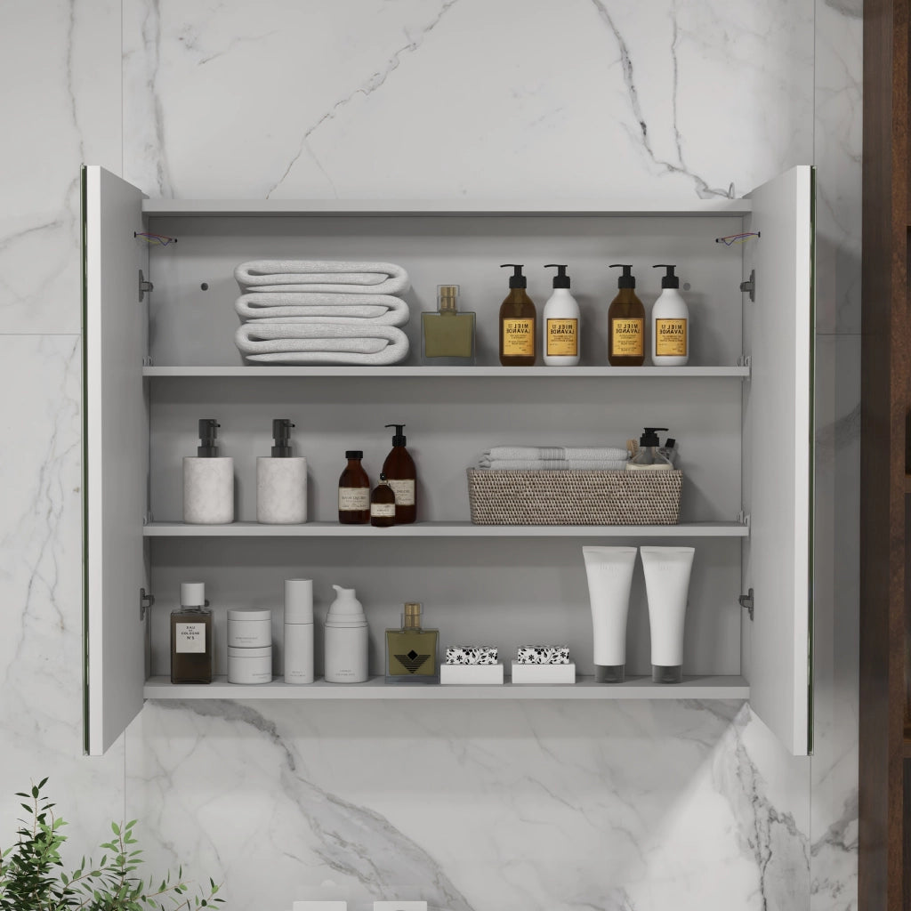 Specchio da Bagno Contenitore con Luce LED 80x15x65 cm Anta Soft Close Dimmerabile a 3 Colori Bianco Lucido