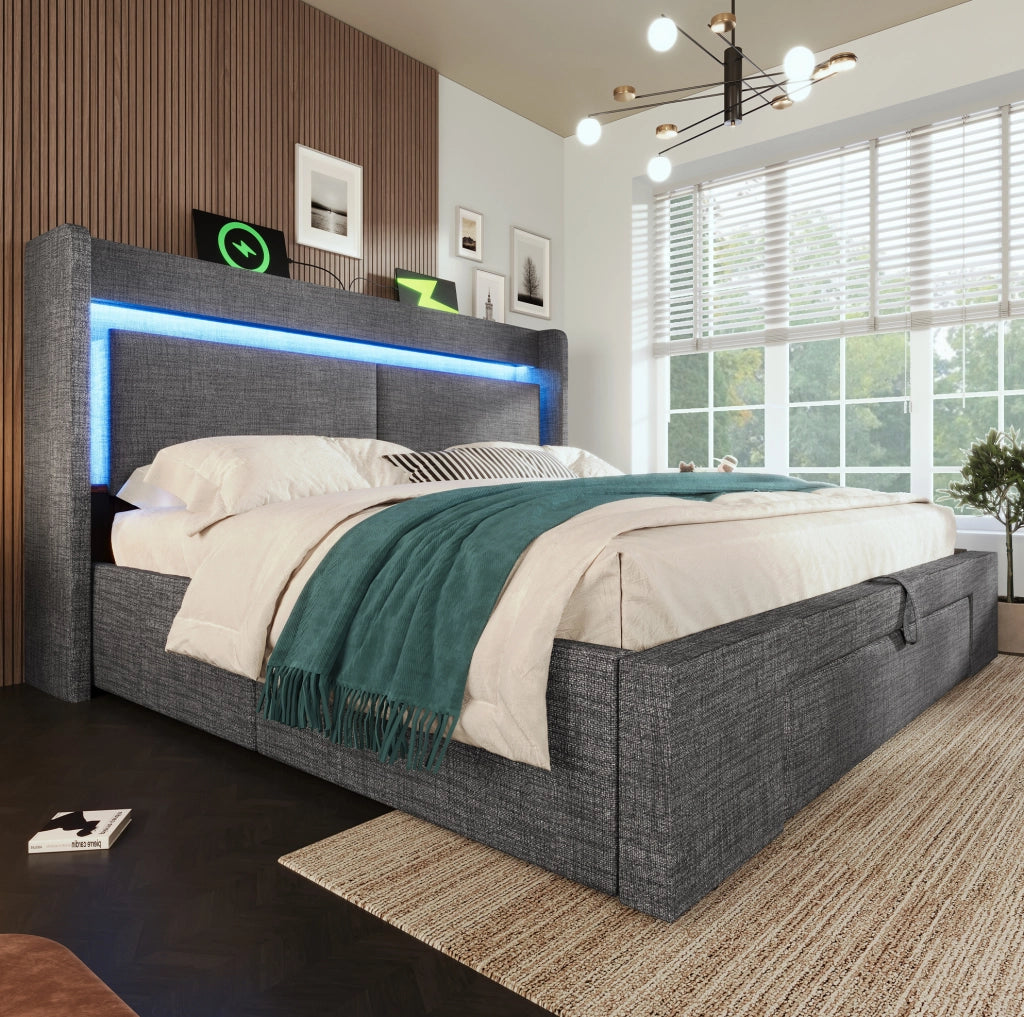Letto imbottito 140x200 cm con contenitore idraulico; LED; USB e Type-C; grigio