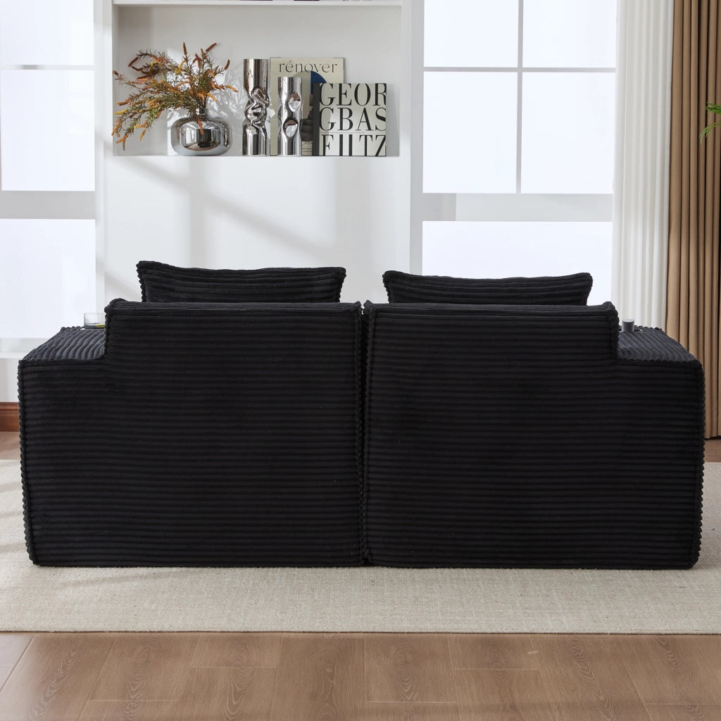 Divano modulare a 2 posti con 2 pouf, portabicchieri e tasche laterali, in velluto a coste, Nero