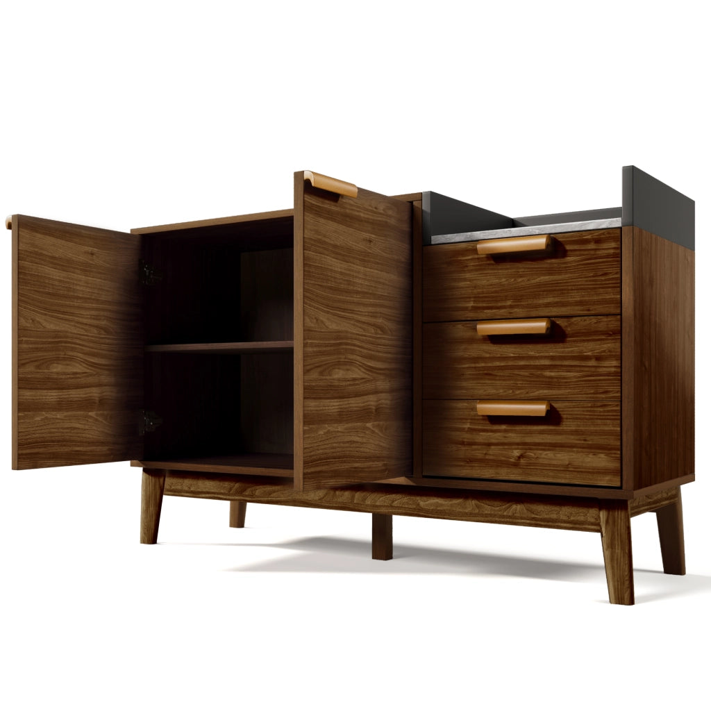 Credenza con 2 Ante; 3 Cassetti e 1 Vano Aperto; Ripiano Regolabile; per Soggiorno; in Legno e Metallo; 120 × 40 × 77 cm
