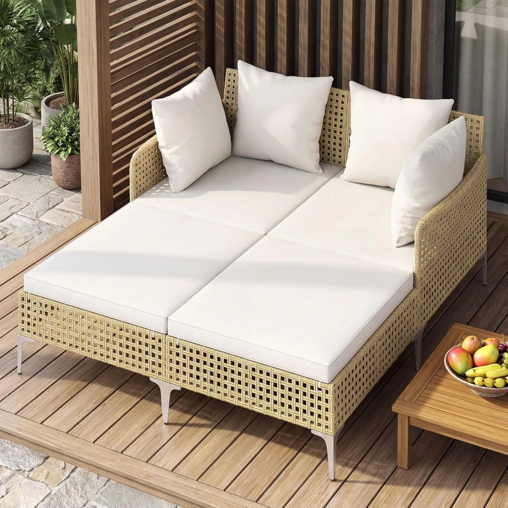 Lettino Prendisole per 2 Persone da Giardino, Divano Letto Matrimoniale da Esterno con Cuscini per Seduta e Schienale, Isola Prendisole per Cortile e Terrazza, 153 x 133 x 70 cm