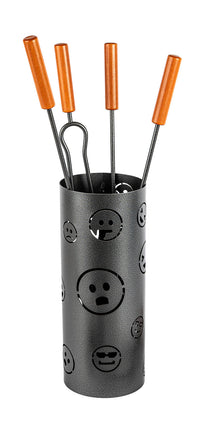 Trespolo per Attrezzi Camino Cilindrico Sagoma Faccine con Paletta Scopino Attizzino e Pinza Ø15,2x62 cm in Ferro