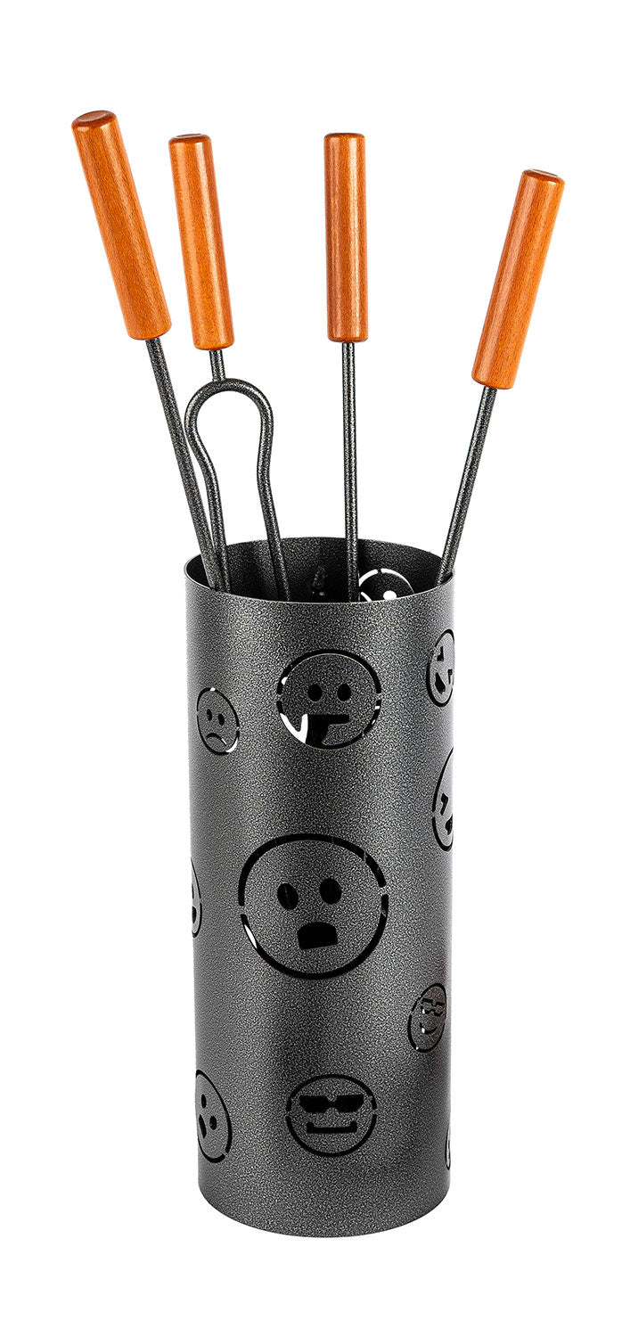 Trespolo per Attrezzi Camino Cilindrico Sagoma Faccine con Paletta Scopino Attizzino e Pinza Ø15,2x62 cm in Ferro