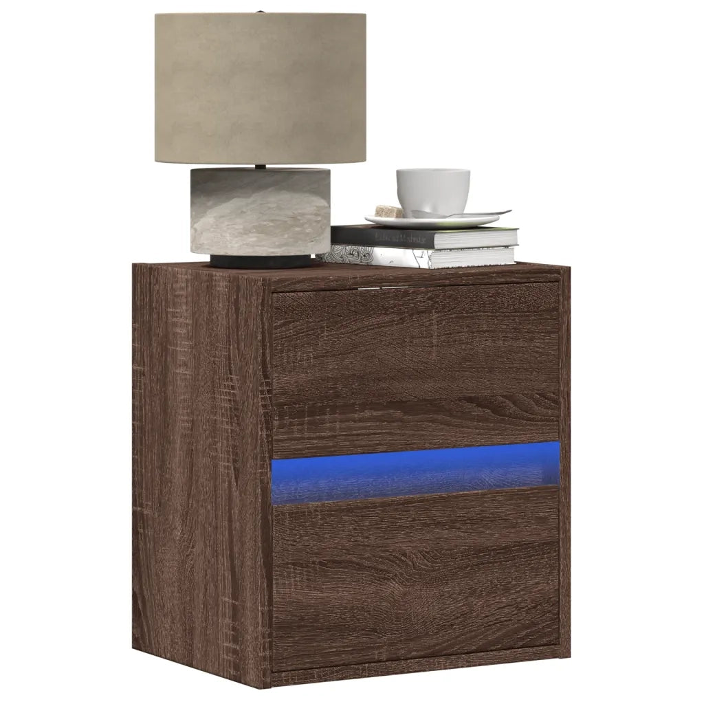 Comodino | Armadio da Notte | Mobiletto da notte a Parete con luci LED Rovere Marrone