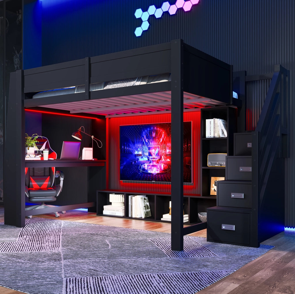 Letto a soppalco 140x200 con scrivania, scala contenitore e LED