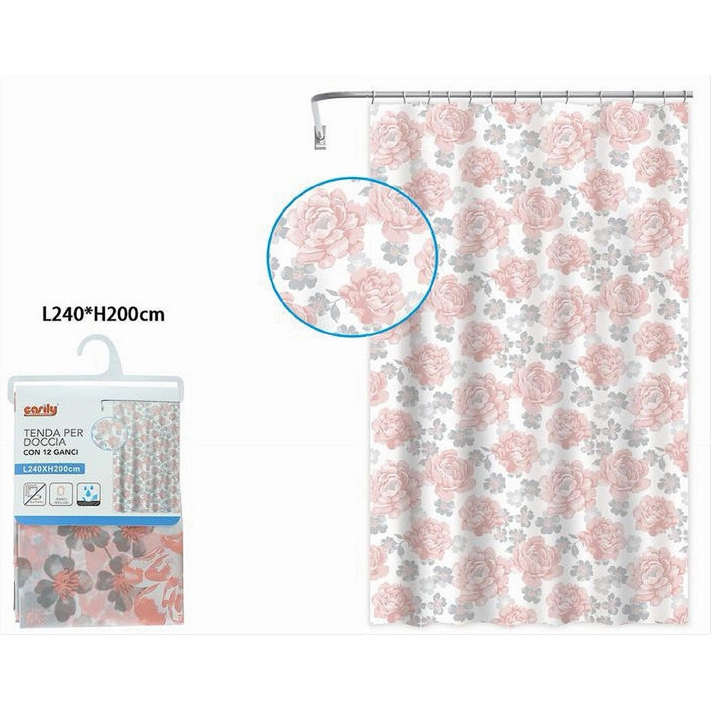 Trade Shop - Tenda Per Doccia Vasca Da Bagno 12 Ganci Stampa Fiori Rosa Grigi 240x200cm 87576 -