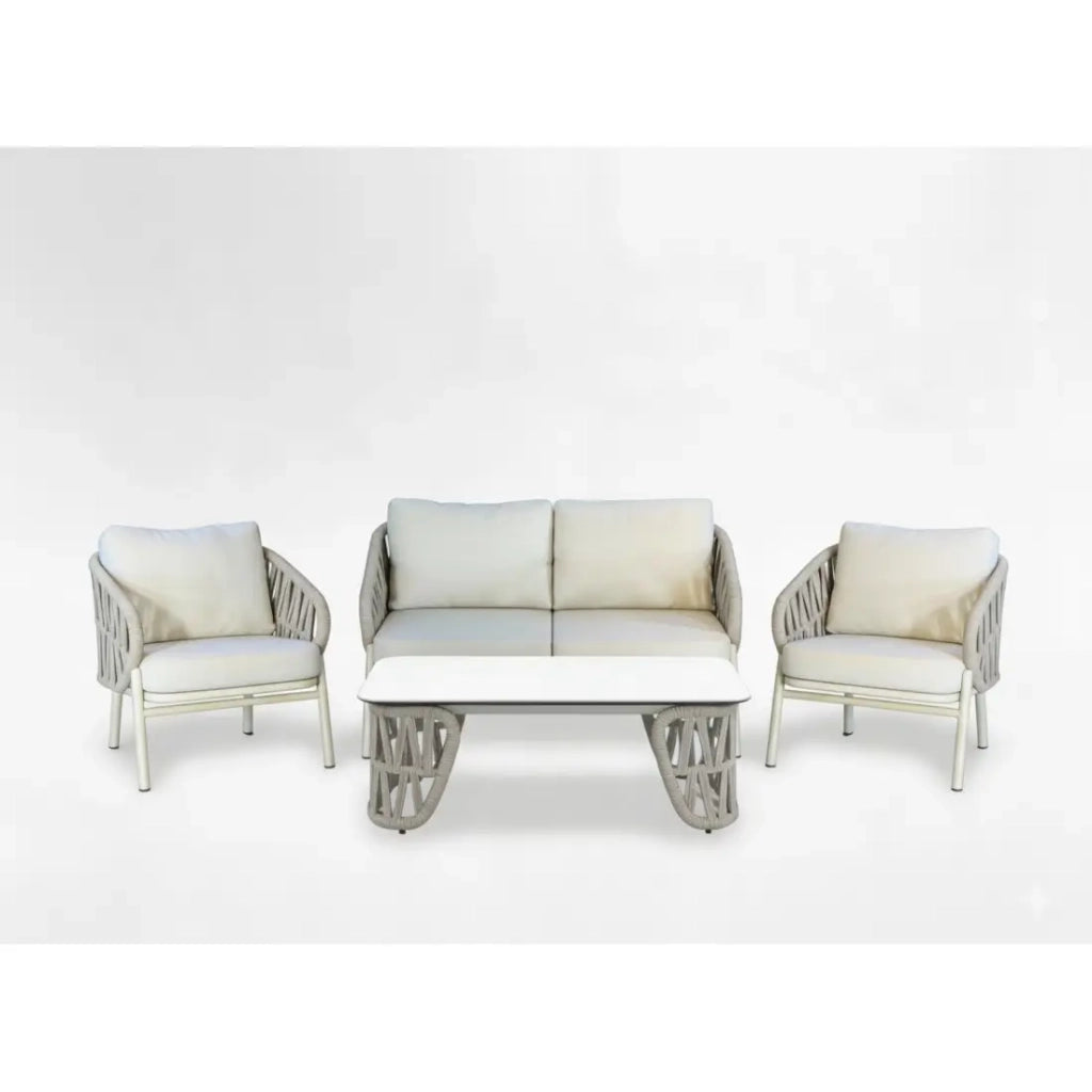 Salotto da giardino 4 posti CORDIA beige in alluminio con divano, poltrone e tavolino