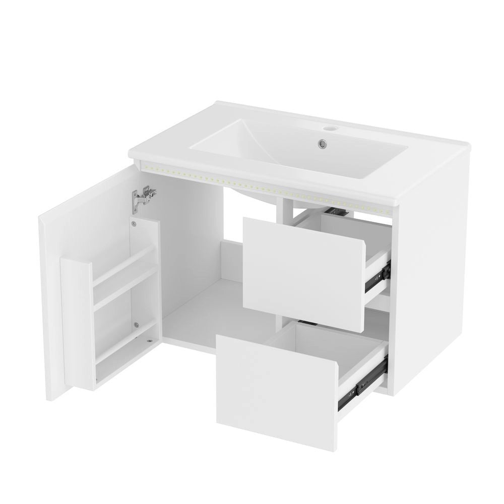 Armadio bagno sospeso - Xylo - 76x46x50 cm - Bianco - LED radar, lavabo integrato, due cassetti