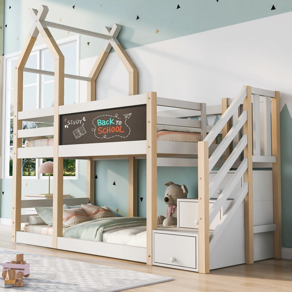 Letto a Castello 90x200 cm con Lavagna; Contenitore nella Scala e Sponda Bianca