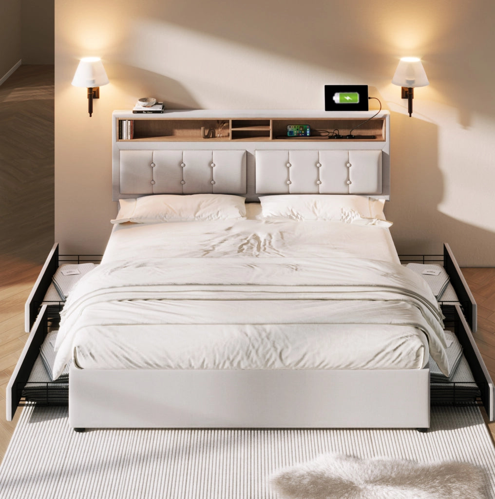 Letto imbottito 140x200 cm con 4 cassetti e prese USB-C