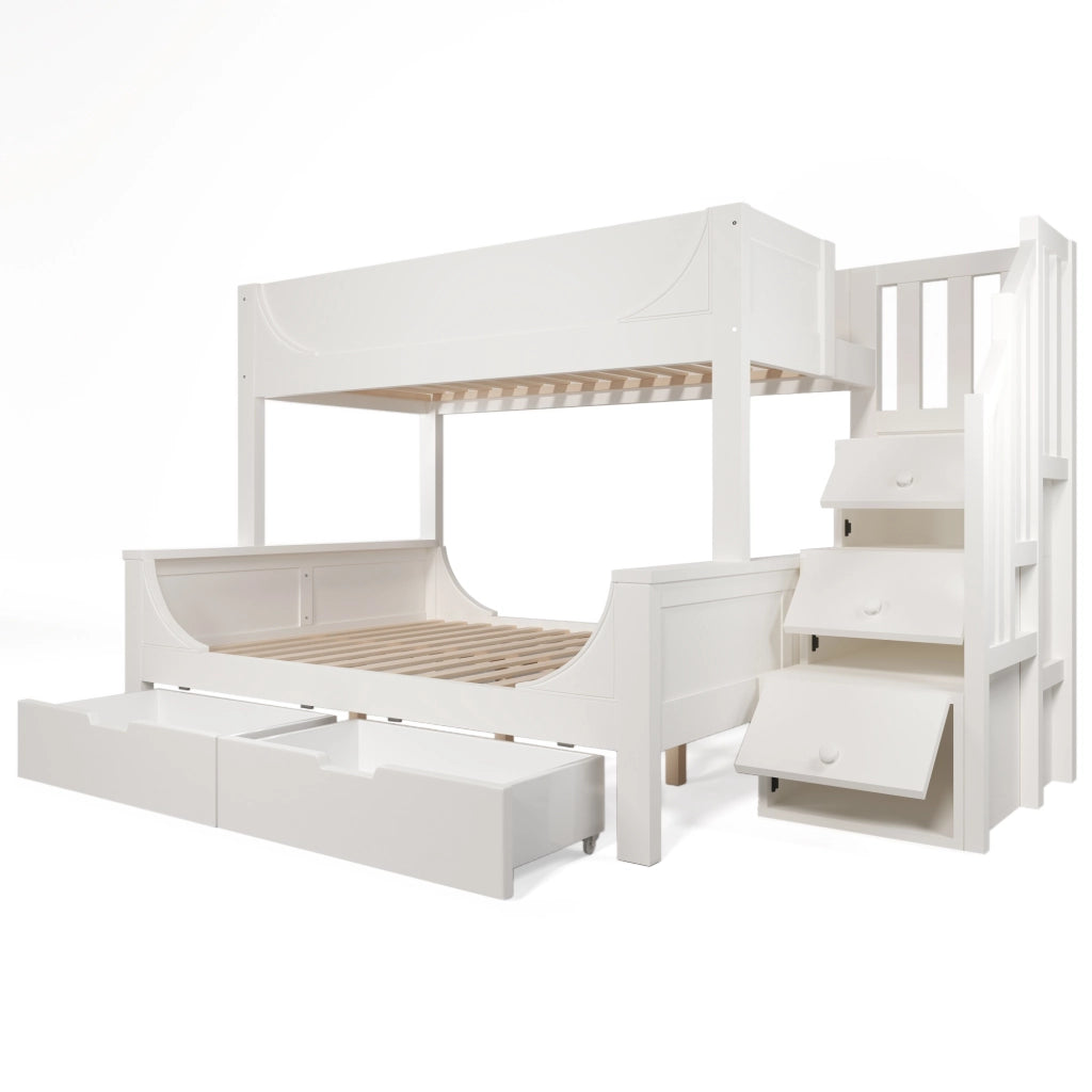 Letto a Castello 90 x 200 cm e 140 x 200 cm; con Cassetti e Scala; in Legno; Bianco