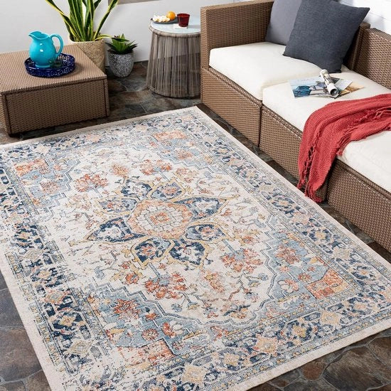 Tappeto in stile shabby chic per interni ed esterni, UV-resistente, dimensioni 120 x 170 cm, colore blu rossastro beige.