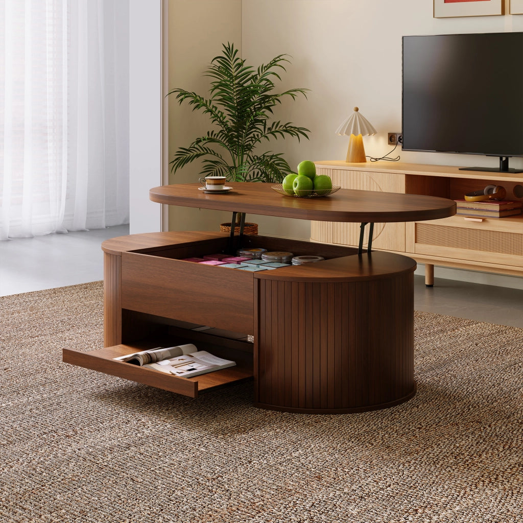 Tavolino da caffè alzabile con piano sollevabile e vano interno - per soggiorno - 110×55.5×40 cm - in MDF - noce
